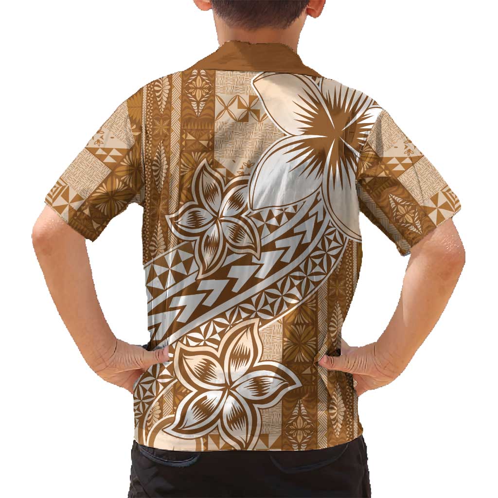 Tonga Kupesi Ngatu Family Matching Puletasi and Hawaiian Shirt Vintage Brown Plumeria LT05 - Polynesian Pride
