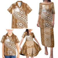 Tonga Kupesi Ngatu Family Matching Puletasi and Hawaiian Shirt Vintage Brown Plumeria LT05 - Polynesian Pride