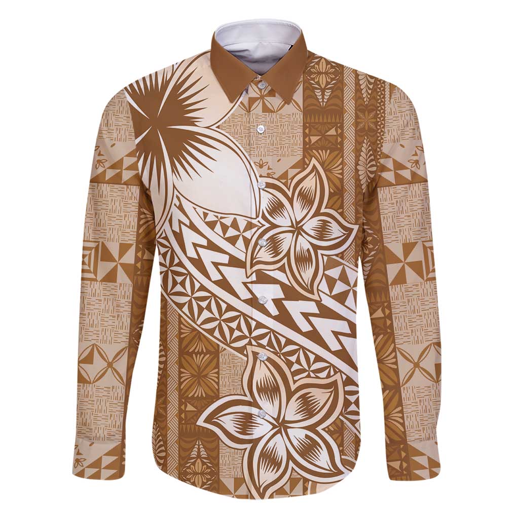 Tonga Kupesi Ngatu Family Matching Puletasi and Hawaiian Shirt Vintage Brown Plumeria LT05 Dad's Shirt - Long Sleeve Brown - Polynesian Pride