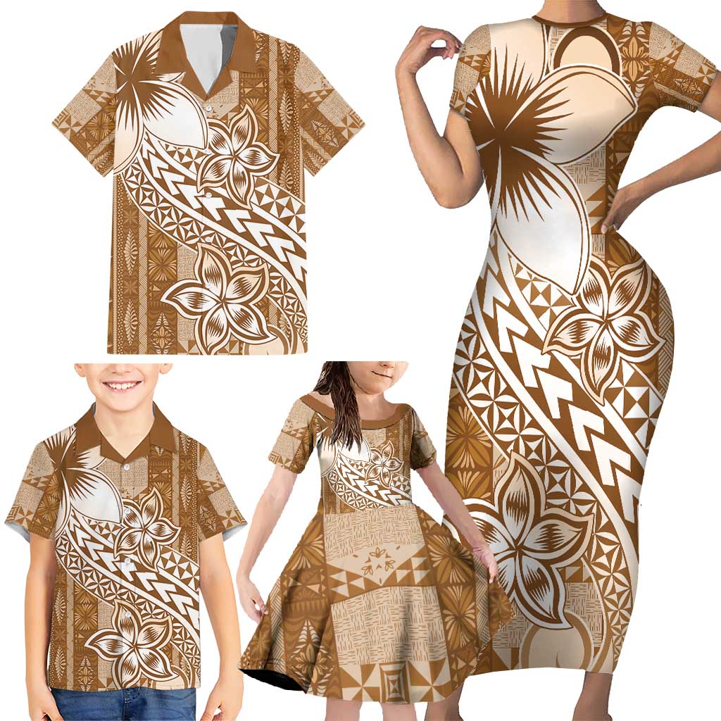 Tonga Kupesi Ngatu Family Matching Short Sleeve Bodycon Dress and Hawaiian Shirt Vintage Brown Plumeria