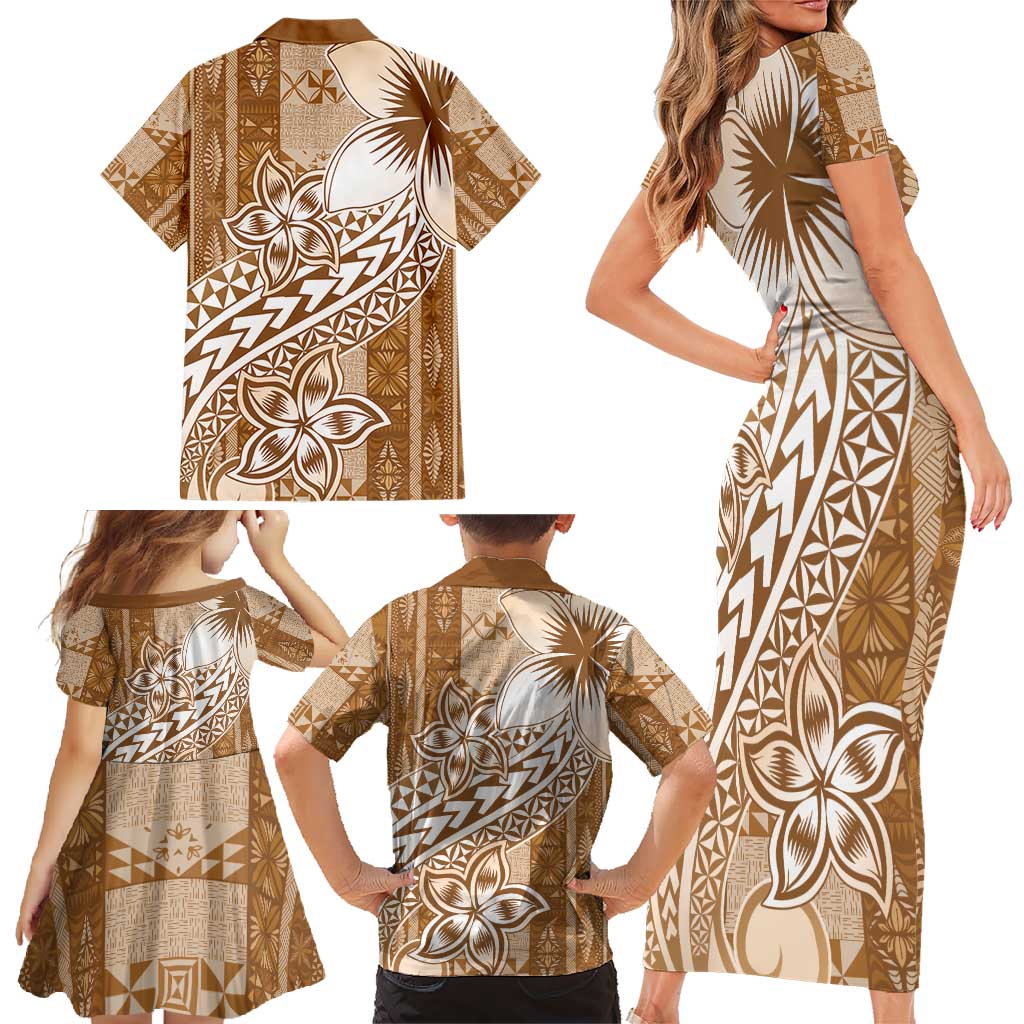 Tonga Kupesi Ngatu Family Matching Short Sleeve Bodycon Dress and Hawaiian Shirt Vintage Brown Plumeria