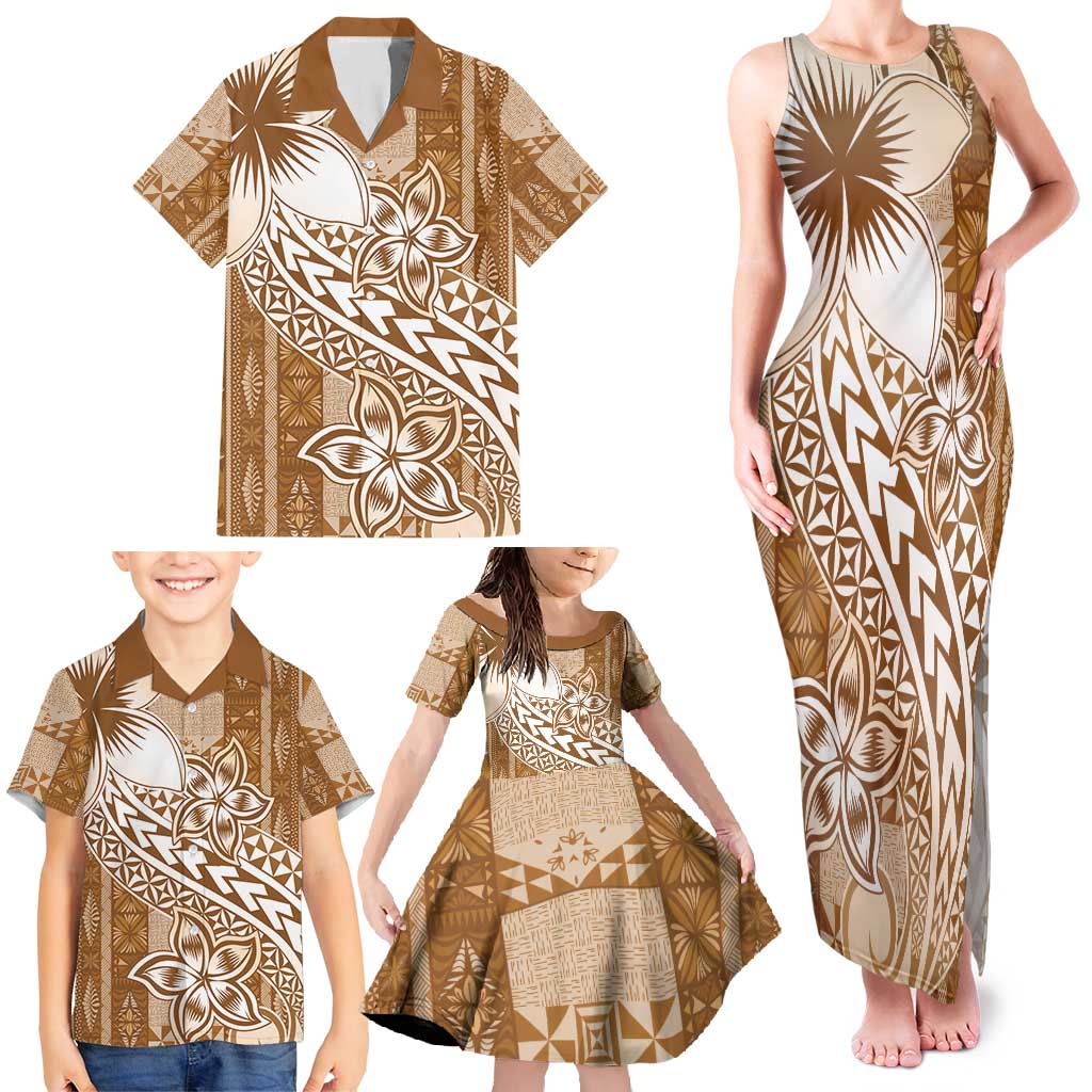 Tonga Kupesi Ngatu Family Matching Tank Maxi Dress and Hawaiian Shirt Vintage Brown Plumeria