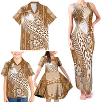 Tonga Kupesi Ngatu Family Matching Tank Maxi Dress and Hawaiian Shirt Vintage Brown Plumeria