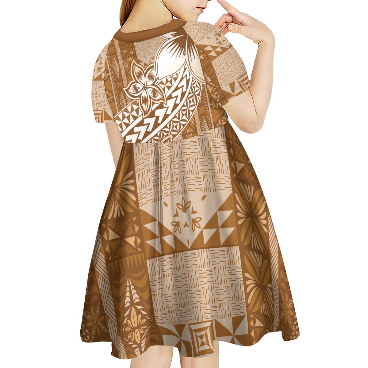 Tonga Kupesi Ngatu Kid Short Sleeve Dress Vintage Brown Plumeria