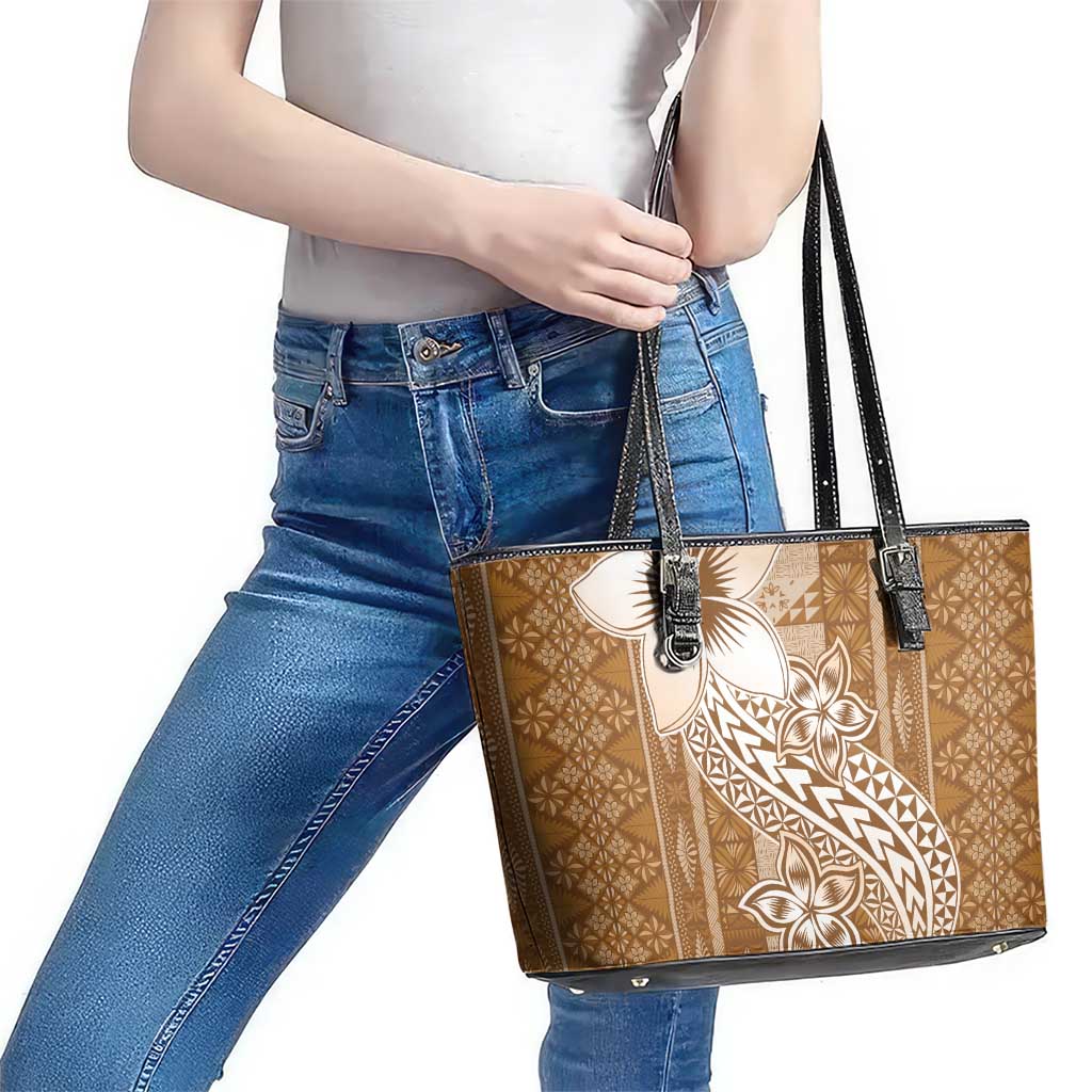 Tonga Kupesi Ngatu Leather Tote Bag Vintage Brown Plumeria