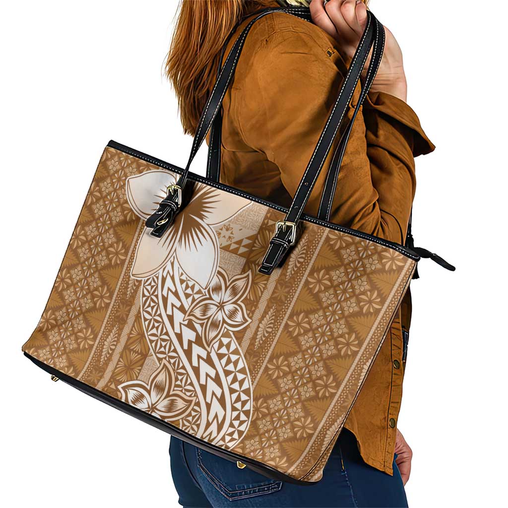 Tonga Kupesi Ngatu Leather Tote Bag Vintage Brown Plumeria