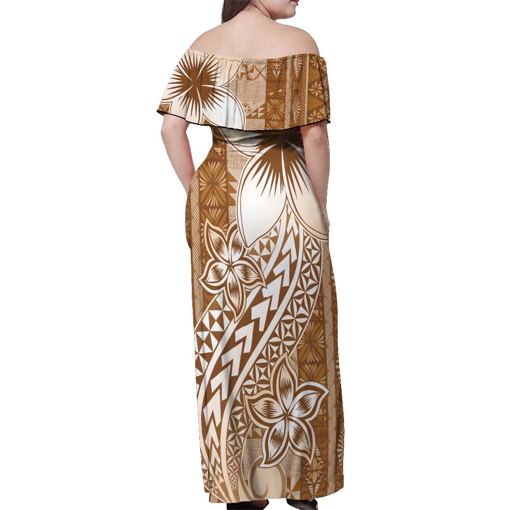 Tonga Kupesi Ngatu Off Shoulder Maxi Dress Vintage Brown Plumeria