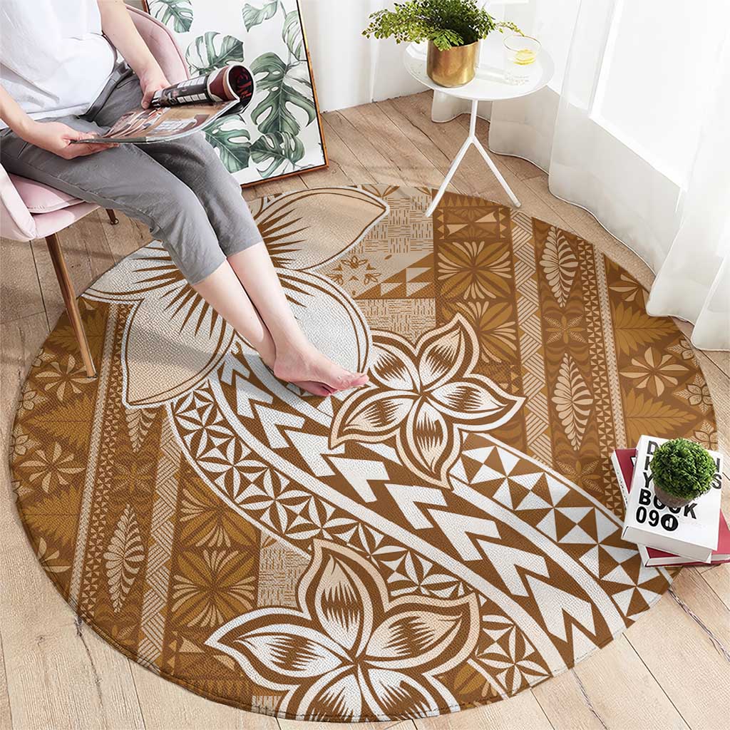 Tonga Kupesi Ngatu Round Carpet Vintage Brown Plumeria