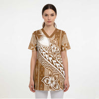 Tonga Kupesi Ngatu Scrub Top Vintage Brown Plumeria - Polynesian Pride