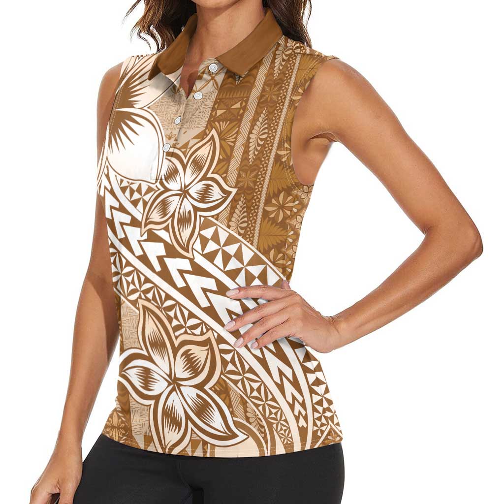 Tonga Kupesi Ngatu Women Sleeveless Polo Shirt Vintage Brown Plumeria