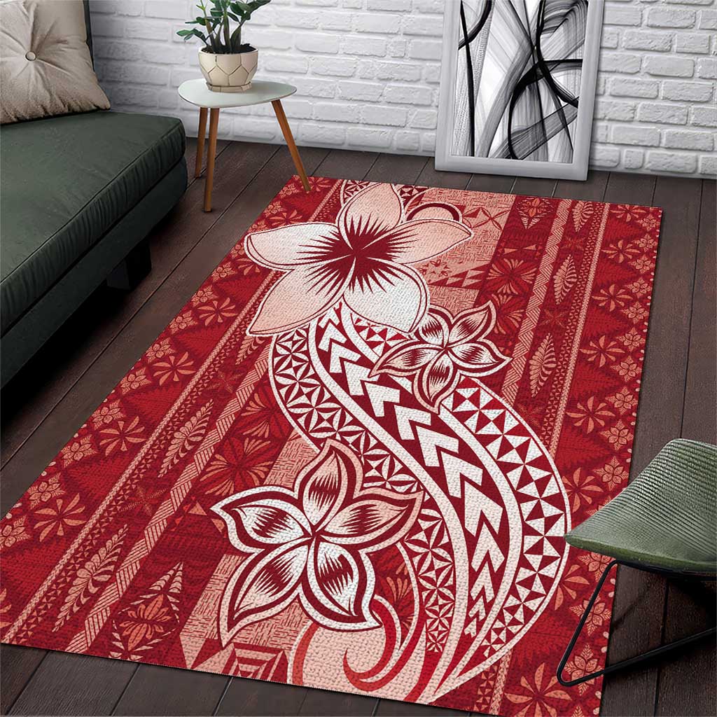 Tonga Kupesi Ngatu Area Rug Vintage Red Plumeria