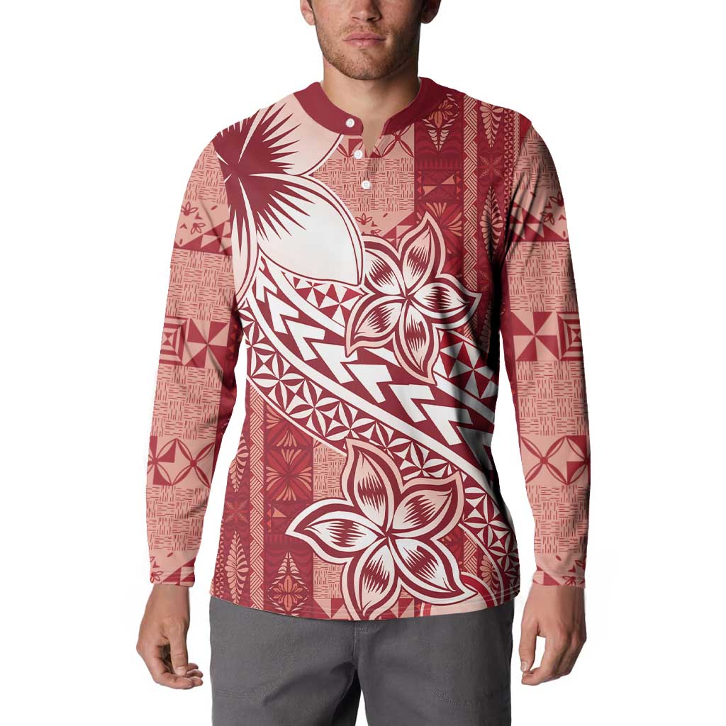 Tonga Kupesi Ngatu Button Sweatshirt Vintage Red Plumeria