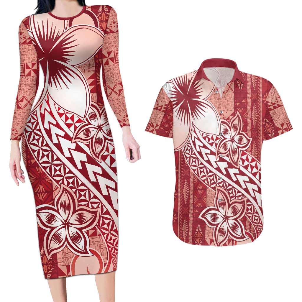 Tonga Kupesi Ngatu Couples Matching Long Sleeve Bodycon Dress and Hawaiian Shirt Vintage Red Plumeria LT05 Red - Polynesian Pride