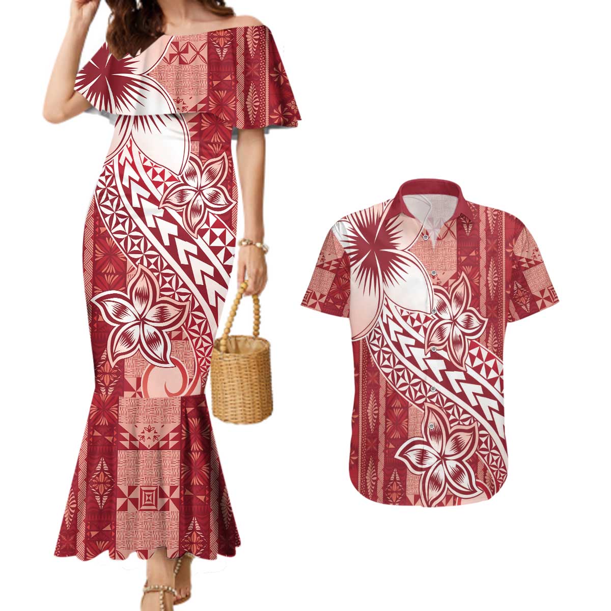 Tonga Kupesi Ngatu Couples Matching Mermaid Dress and Hawaiian Shirt Vintage Red Plumeria