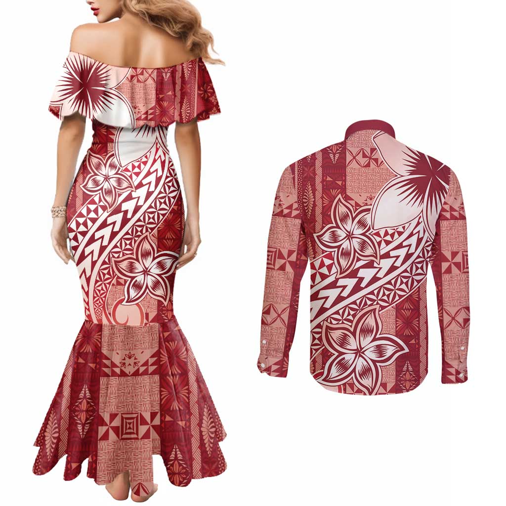 Tonga Kupesi Ngatu Couples Matching Mermaid Dress and Long Sleeve Button Shirt Vintage Red Plumeria