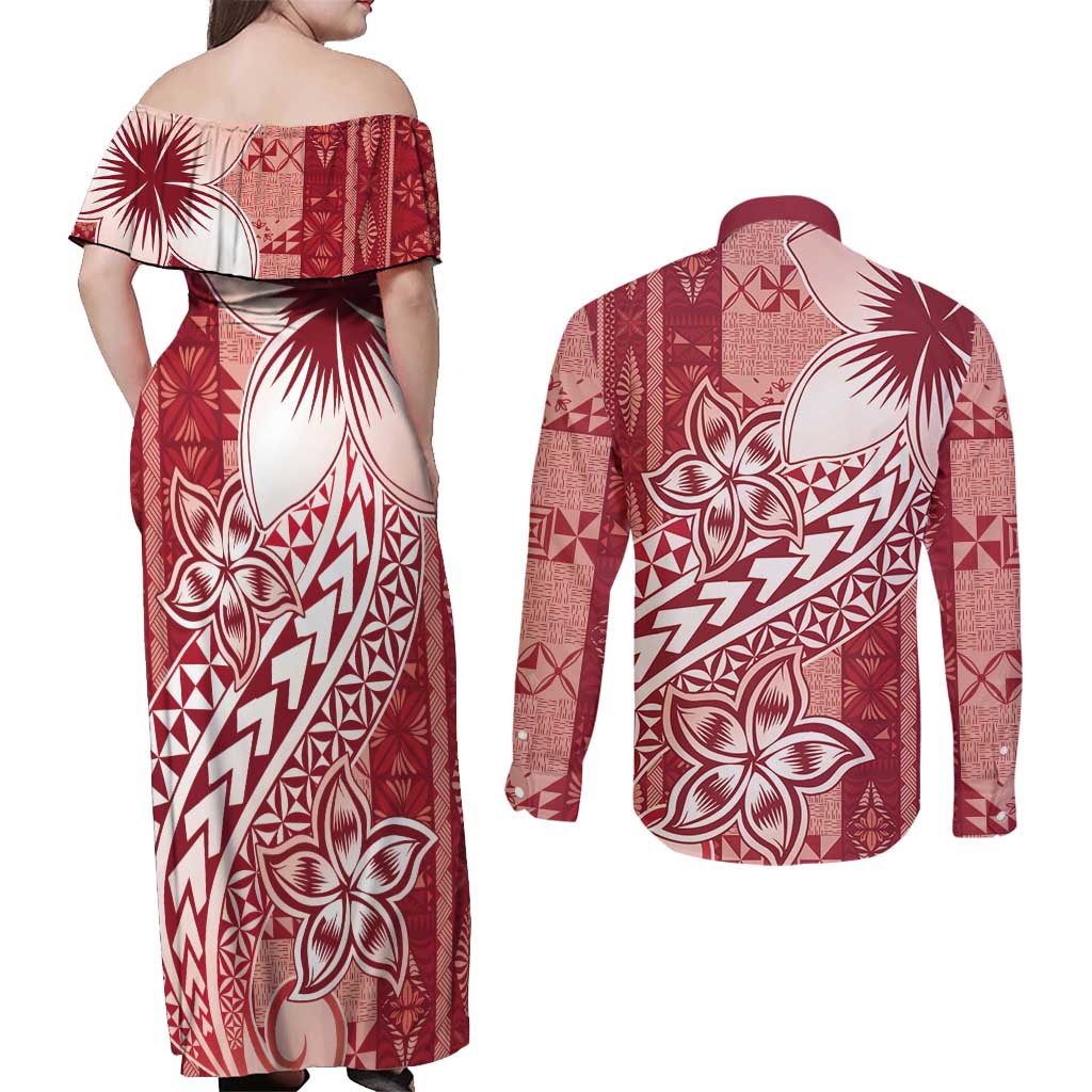 Tonga Kupesi Ngatu Couples Matching Off Shoulder Maxi Dress and Long Sleeve Button Shirt Vintage Red Plumeria