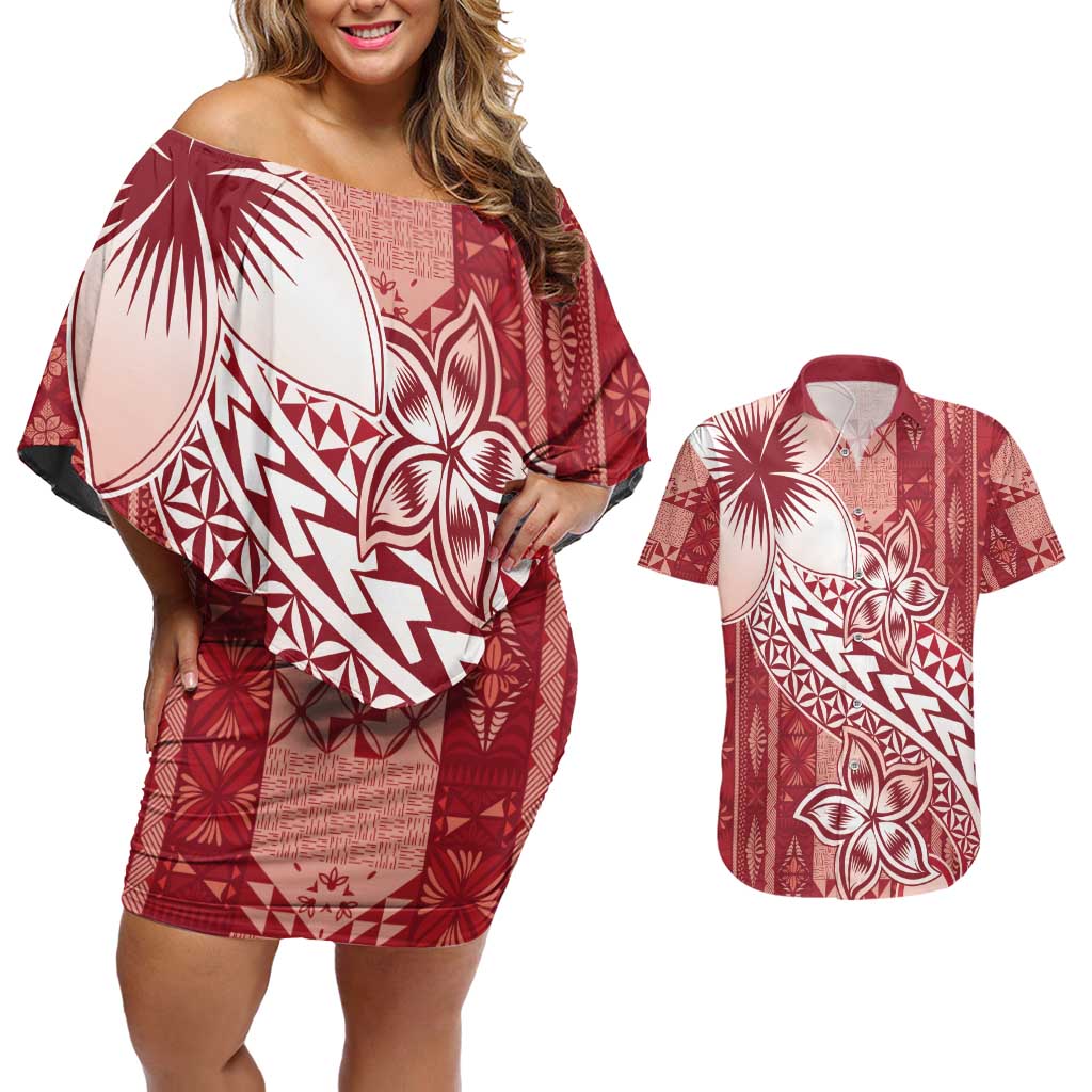 Tonga Kupesi Ngatu Couples Matching Off Shoulder Short Dress and Hawaiian Shirt Vintage Red Plumeria