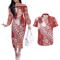 Tonga Kupesi Ngatu Couples Matching Off The Shoulder Long Sleeve Dress and Hawaiian Shirt Vintage Red Plumeria LT05 Red - Polynesian Pride