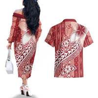 Tonga Kupesi Ngatu Couples Matching Off The Shoulder Long Sleeve Dress and Hawaiian Shirt Vintage Red Plumeria LT05 - Polynesian Pride