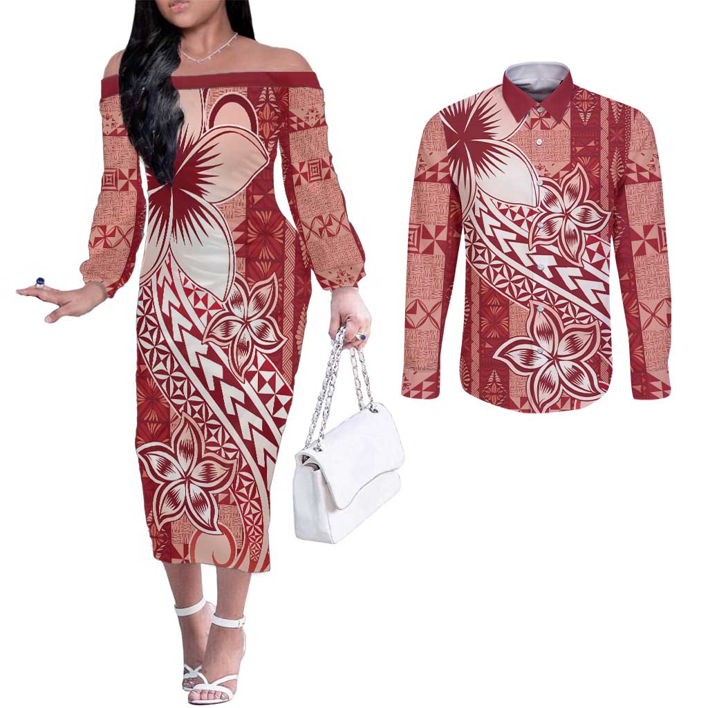 Tonga Kupesi Ngatu Couples Matching Off The Shoulder Long Sleeve Dress and Long Sleeve Button Shirt Vintage Red Plumeria
