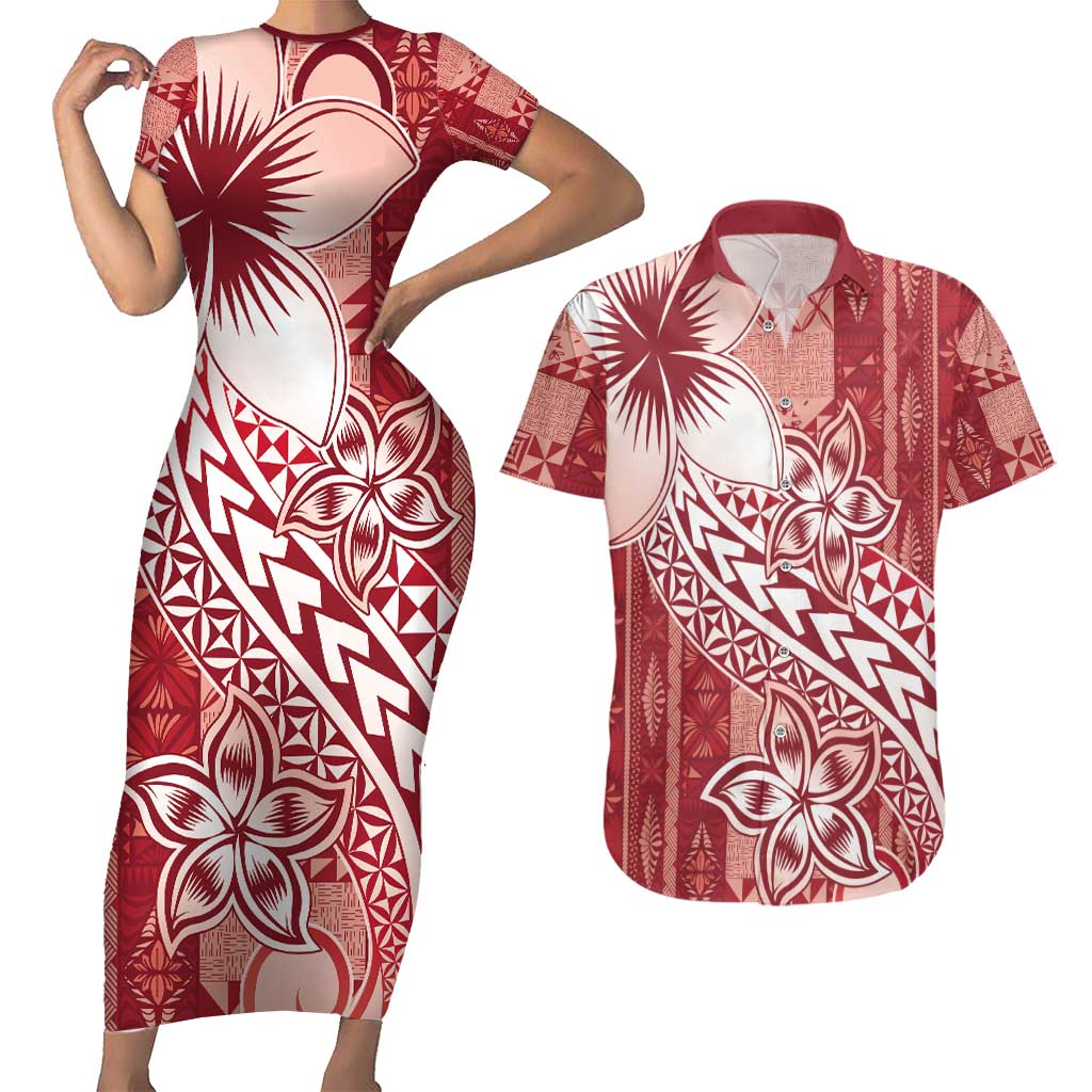 Tonga Kupesi Ngatu Couples Matching Short Sleeve Bodycon Dress and Hawaiian Shirt Vintage Red Plumeria LT05 Red - Polynesian Pride