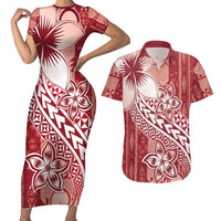 Tonga Kupesi Ngatu Couples Matching Short Sleeve Bodycon Dress and Hawaiian Shirt Vintage Red Plumeria LT05 Red - Polynesian Pride