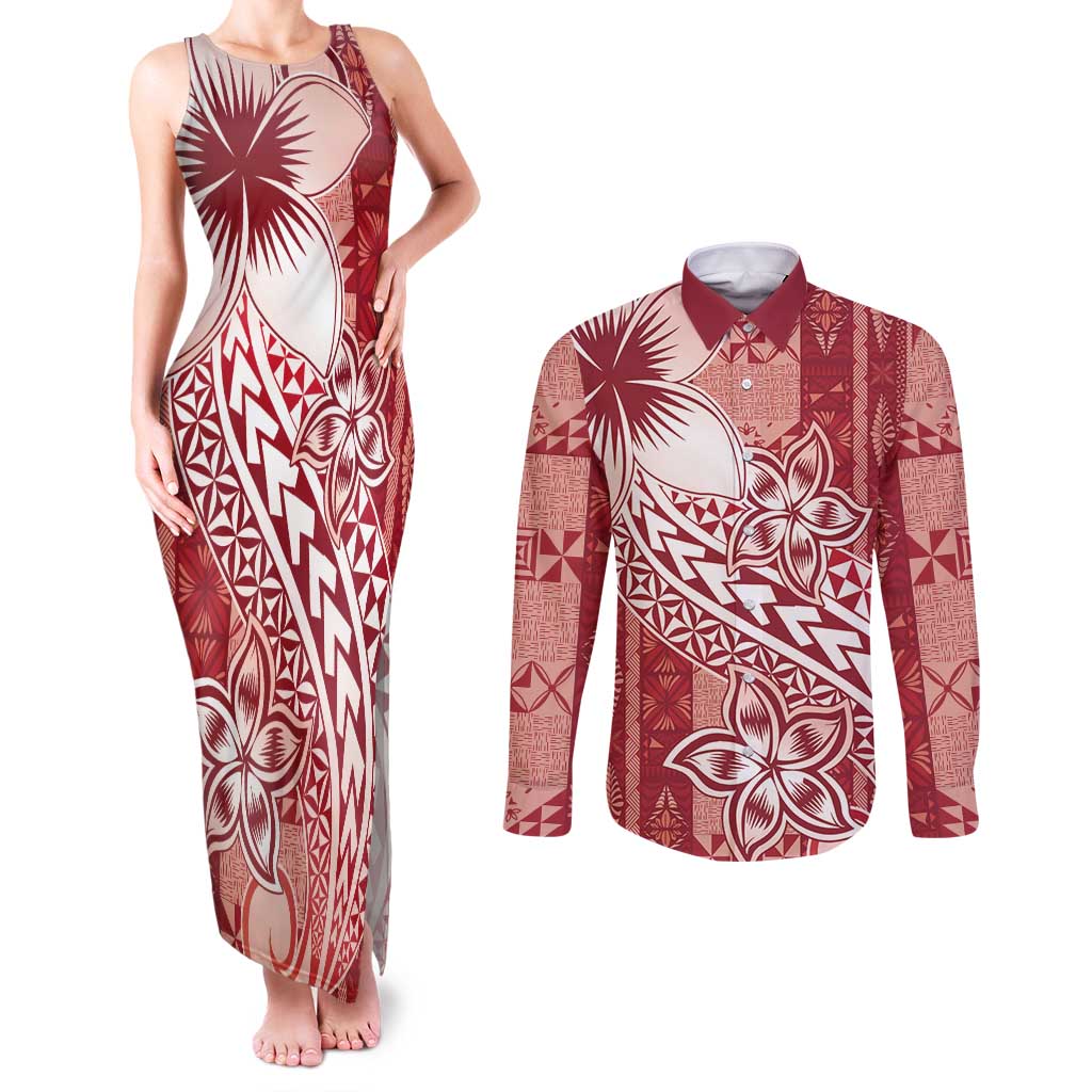 Tonga Kupesi Ngatu Couples Matching Tank Maxi Dress and Long Sleeve Button Shirt Vintage Red Plumeria
