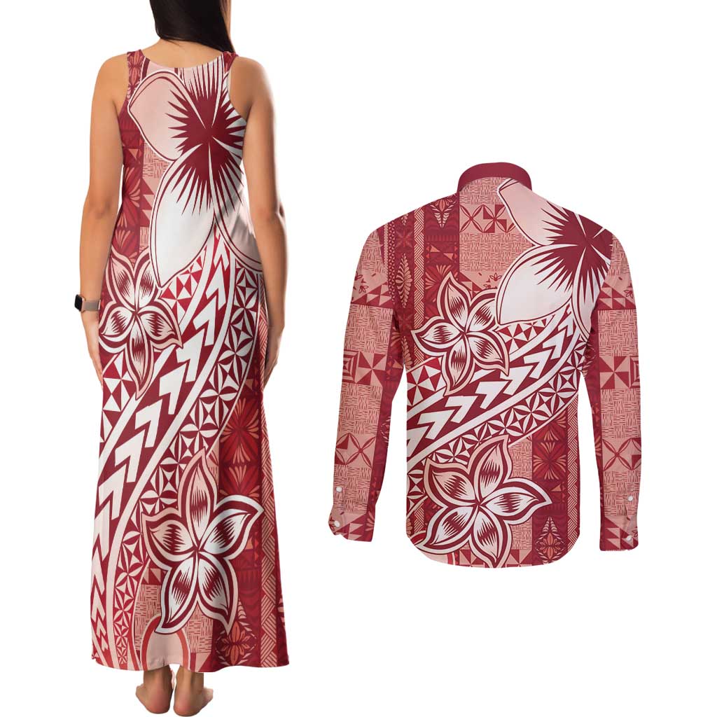 Tonga Kupesi Ngatu Couples Matching Tank Maxi Dress and Long Sleeve Button Shirt Vintage Red Plumeria