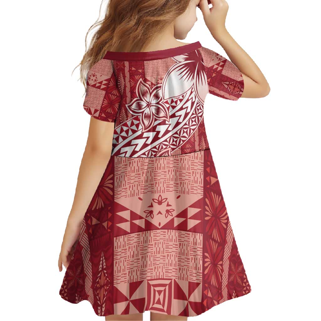 Tonga Kupesi Ngatu Family Matching Mermaid Dress and Hawaiian Shirt Vintage Red Plumeria LT05 - Polynesian Pride