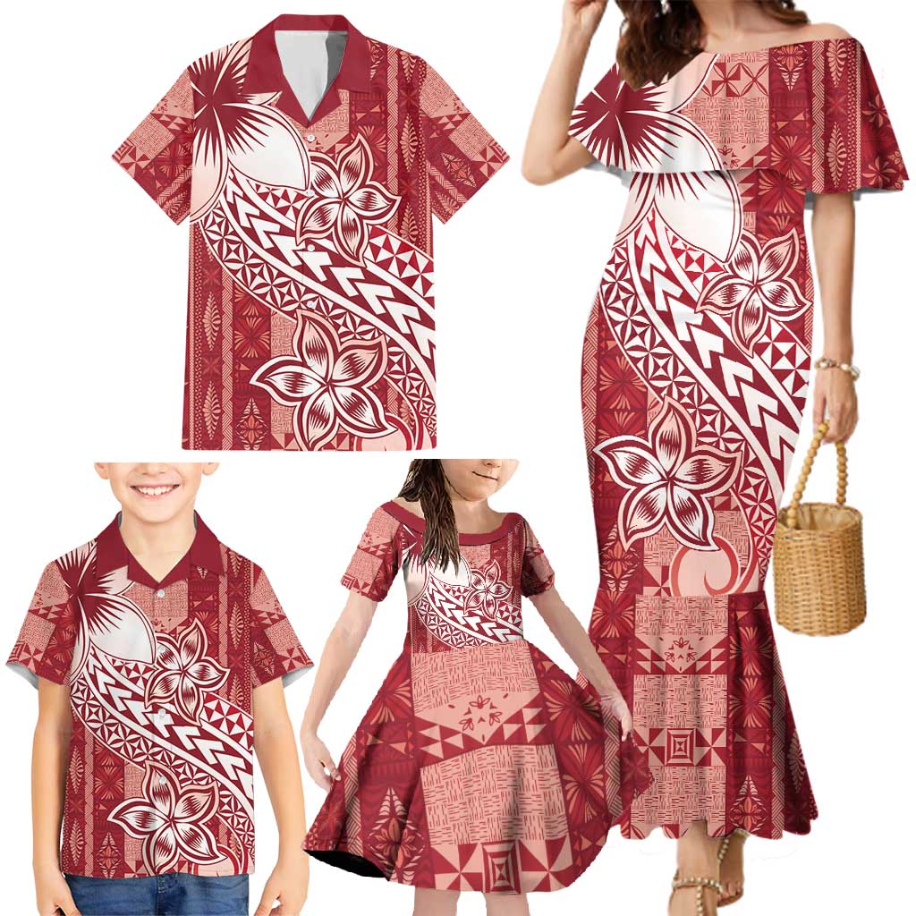Tonga Kupesi Ngatu Family Matching Mermaid Dress and Hawaiian Shirt Vintage Red Plumeria LT05 - Polynesian Pride