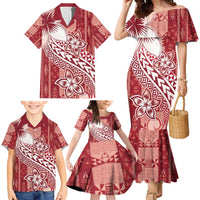 Tonga Kupesi Ngatu Family Matching Mermaid Dress and Hawaiian Shirt Vintage Red Plumeria LT05 - Polynesian Pride