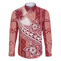 Tonga Kupesi Ngatu Family Matching Mermaid Dress and Hawaiian Shirt Vintage Red Plumeria LT05 Dad's Shirt - Long Sleeve Red - Polynesian Pride