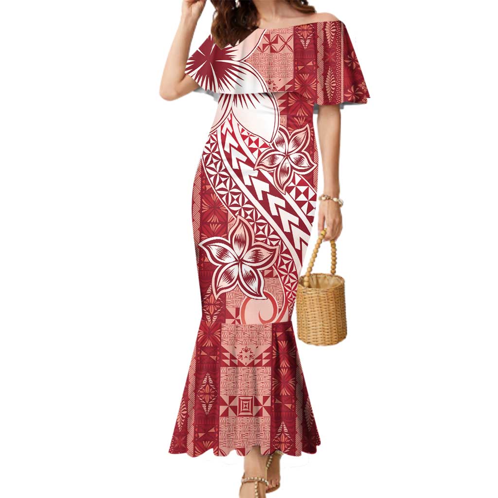 Tonga Kupesi Ngatu Family Matching Mermaid Dress and Hawaiian Shirt Vintage Red Plumeria LT05 Mom's Dress Red - Polynesian Pride