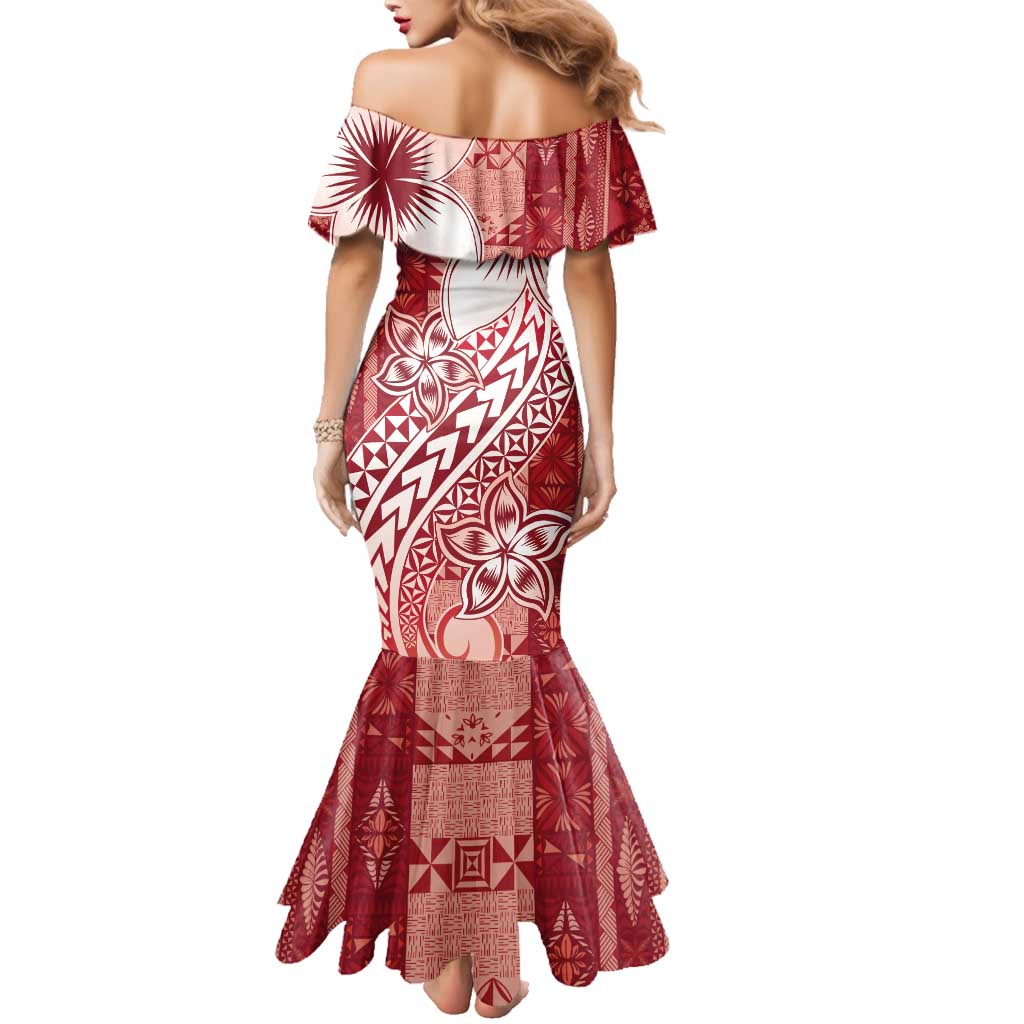 Tonga Kupesi Ngatu Family Matching Mermaid Dress and Hawaiian Shirt Vintage Red Plumeria LT05 - Polynesian Pride