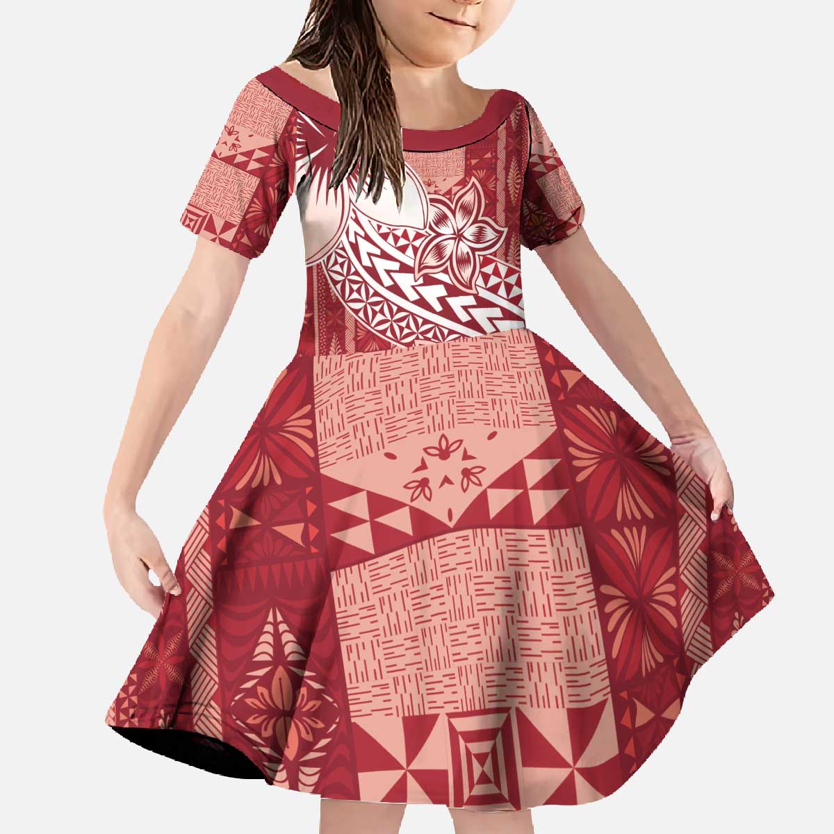 Tonga Kupesi Ngatu Family Matching Off The Shoulder Long Sleeve Dress and Hawaiian Shirt Vintage Red Plumeria LT05 Daughter's Dress Red - Polynesian Pride