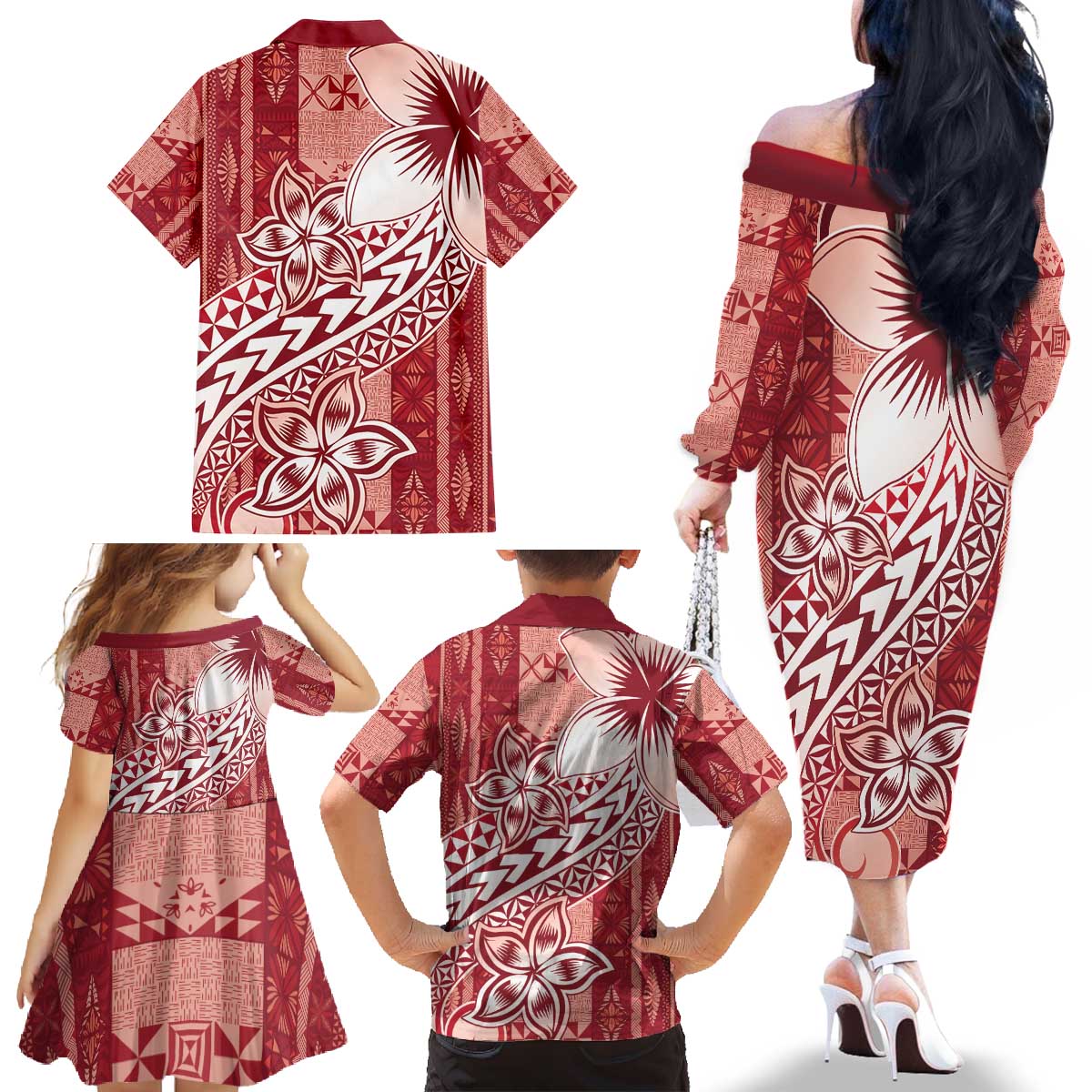 Tonga Kupesi Ngatu Family Matching Off The Shoulder Long Sleeve Dress and Hawaiian Shirt Vintage Red Plumeria LT05 - Polynesian Pride