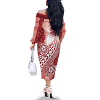 Tonga Kupesi Ngatu Family Matching Off The Shoulder Long Sleeve Dress and Hawaiian Shirt Vintage Red Plumeria LT05 - Polynesian Pride