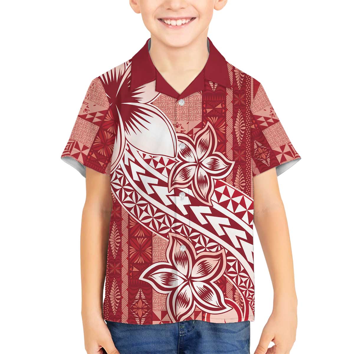 Tonga Kupesi Ngatu Family Matching Off The Shoulder Long Sleeve Dress and Hawaiian Shirt Vintage Red Plumeria LT05 Son's Shirt Red - Polynesian Pride
