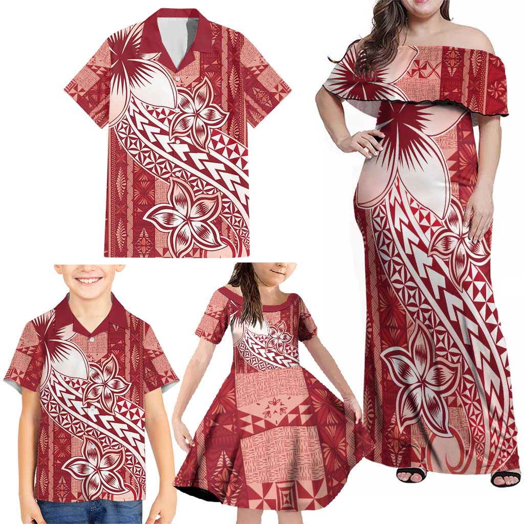 Tonga Kupesi Ngatu Family Matching Off Shoulder Maxi Dress and Hawaiian Shirt Vintage Red Plumeria