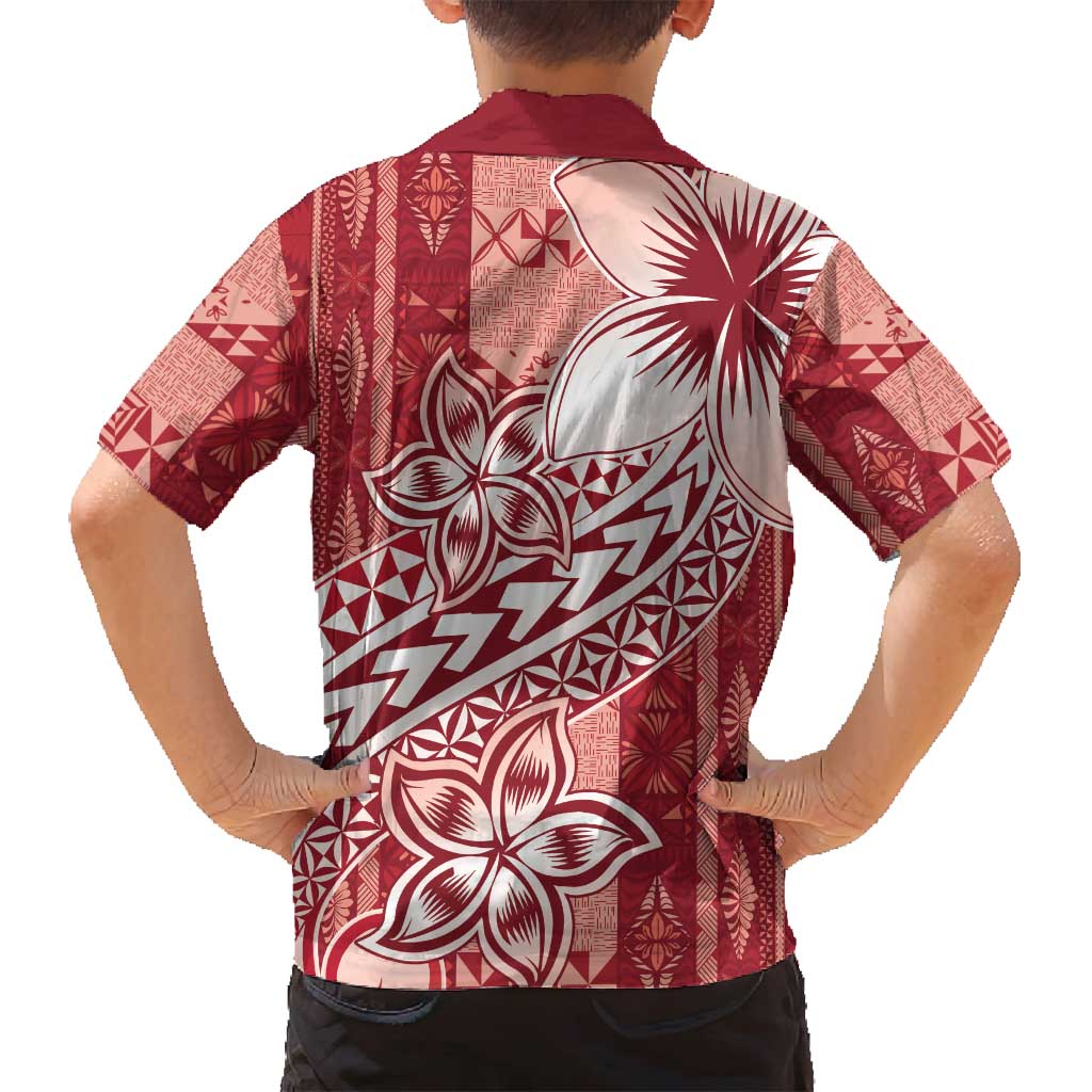 Tonga Kupesi Ngatu Family Matching Off Shoulder Short Dress and Hawaiian Shirt Vintage Red Plumeria