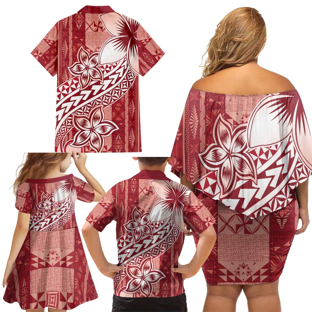 Tonga Kupesi Ngatu Family Matching Off Shoulder Short Dress and Hawaiian Shirt Vintage Red Plumeria