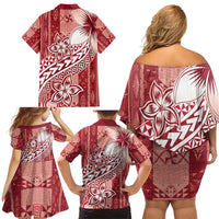 Tonga Kupesi Ngatu Family Matching Off Shoulder Short Dress and Hawaiian Shirt Vintage Red Plumeria