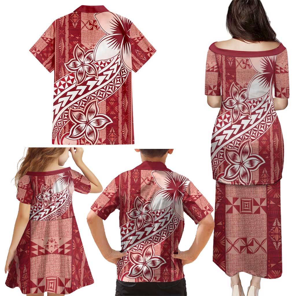 Tonga Kupesi Ngatu Family Matching Puletasi and Hawaiian Shirt Vintage Red Plumeria LT05 - Polynesian Pride