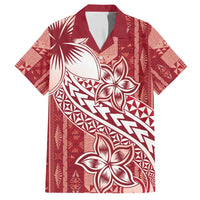 Tonga Kupesi Ngatu Family Matching Puletasi and Hawaiian Shirt Vintage Red Plumeria LT05 Dad's Shirt - Short Sleeve Red - Polynesian Pride