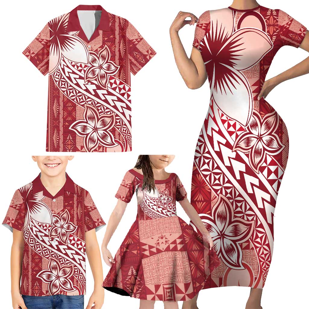 Tonga Kupesi Ngatu Family Matching Short Sleeve Bodycon Dress and Hawaiian Shirt Vintage Red Plumeria LT05 - Polynesian Pride