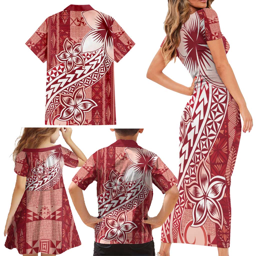 Tonga Kupesi Ngatu Family Matching Short Sleeve Bodycon Dress and Hawaiian Shirt Vintage Red Plumeria LT05 - Polynesian Pride