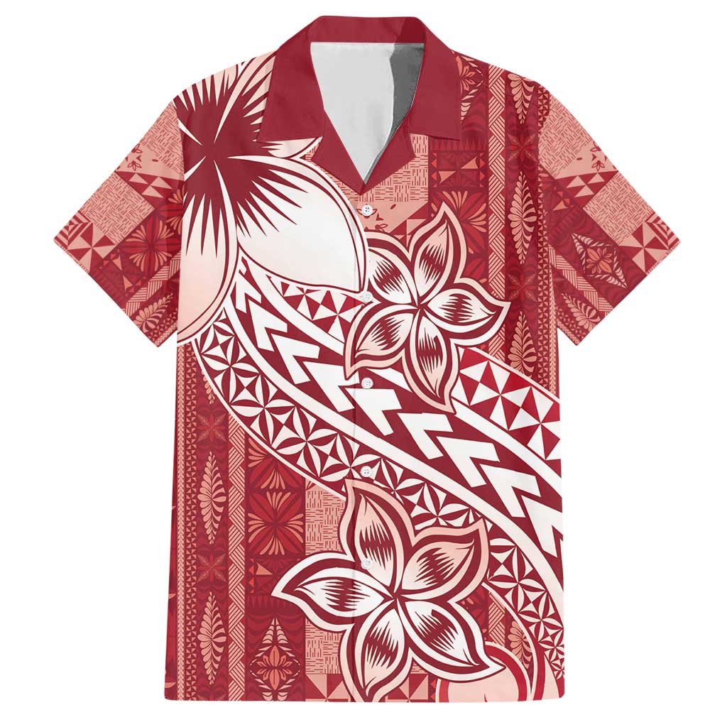 Tonga Kupesi Ngatu Family Matching Short Sleeve Bodycon Dress and Hawaiian Shirt Vintage Red Plumeria LT05 Dad's Shirt - Short Sleeve Red - Polynesian Pride
