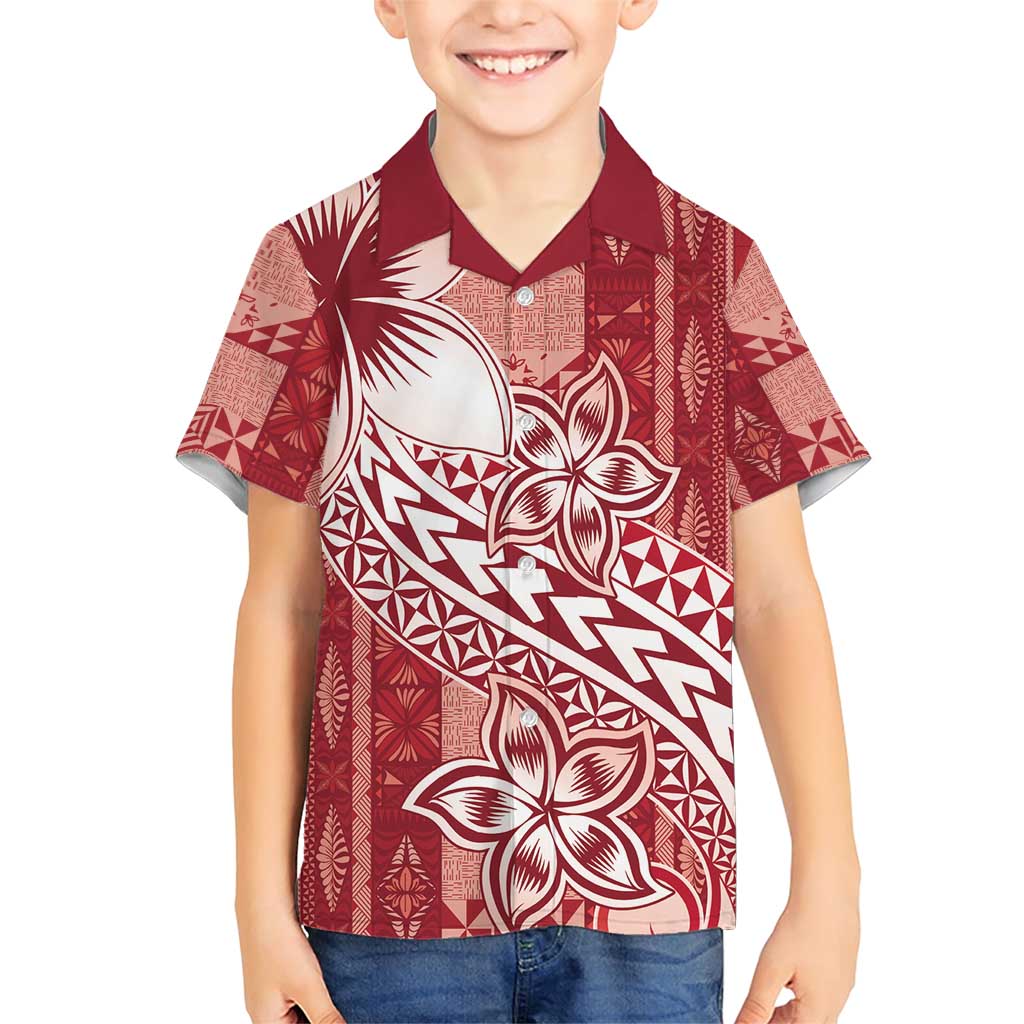 Tonga Kupesi Ngatu Family Matching Short Sleeve Bodycon Dress and Hawaiian Shirt Vintage Red Plumeria LT05 Son's Shirt Red - Polynesian Pride