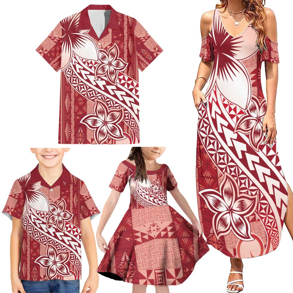 Tonga Kupesi Ngatu Family Matching Summer Maxi Dress and Hawaiian Shirt Vintage Red Plumeria LT05 - Polynesian Pride