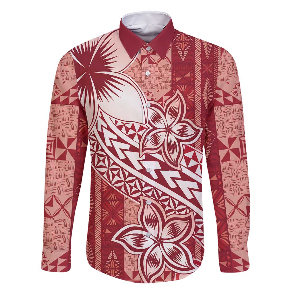 Tonga Kupesi Ngatu Family Matching Summer Maxi Dress and Hawaiian Shirt Vintage Red Plumeria LT05 Dad's Shirt - Long Sleeve Red - Polynesian Pride